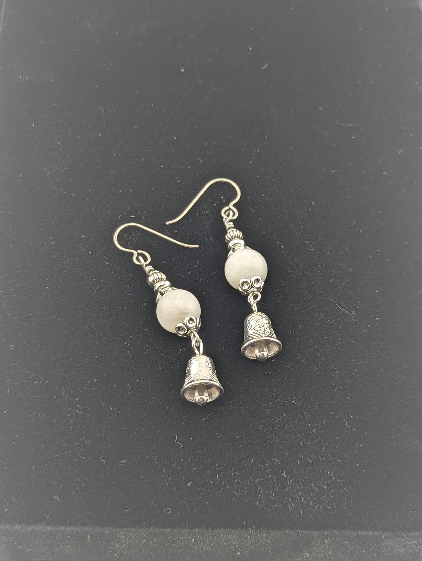 Moonstone earrings with a Silver Bell charm in antiqued Silver finish