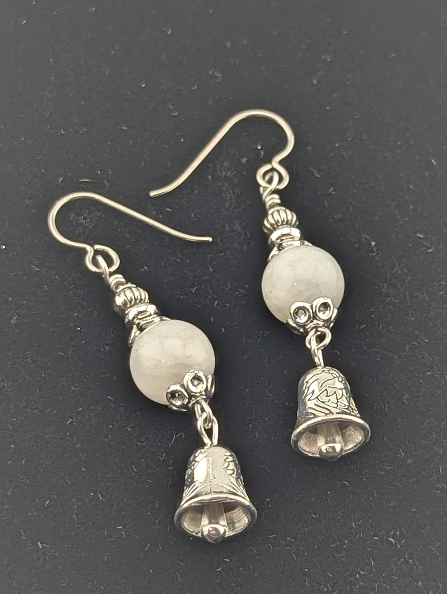 Moonstone earrings with a Silver Bell charm in antiqued Silver finish