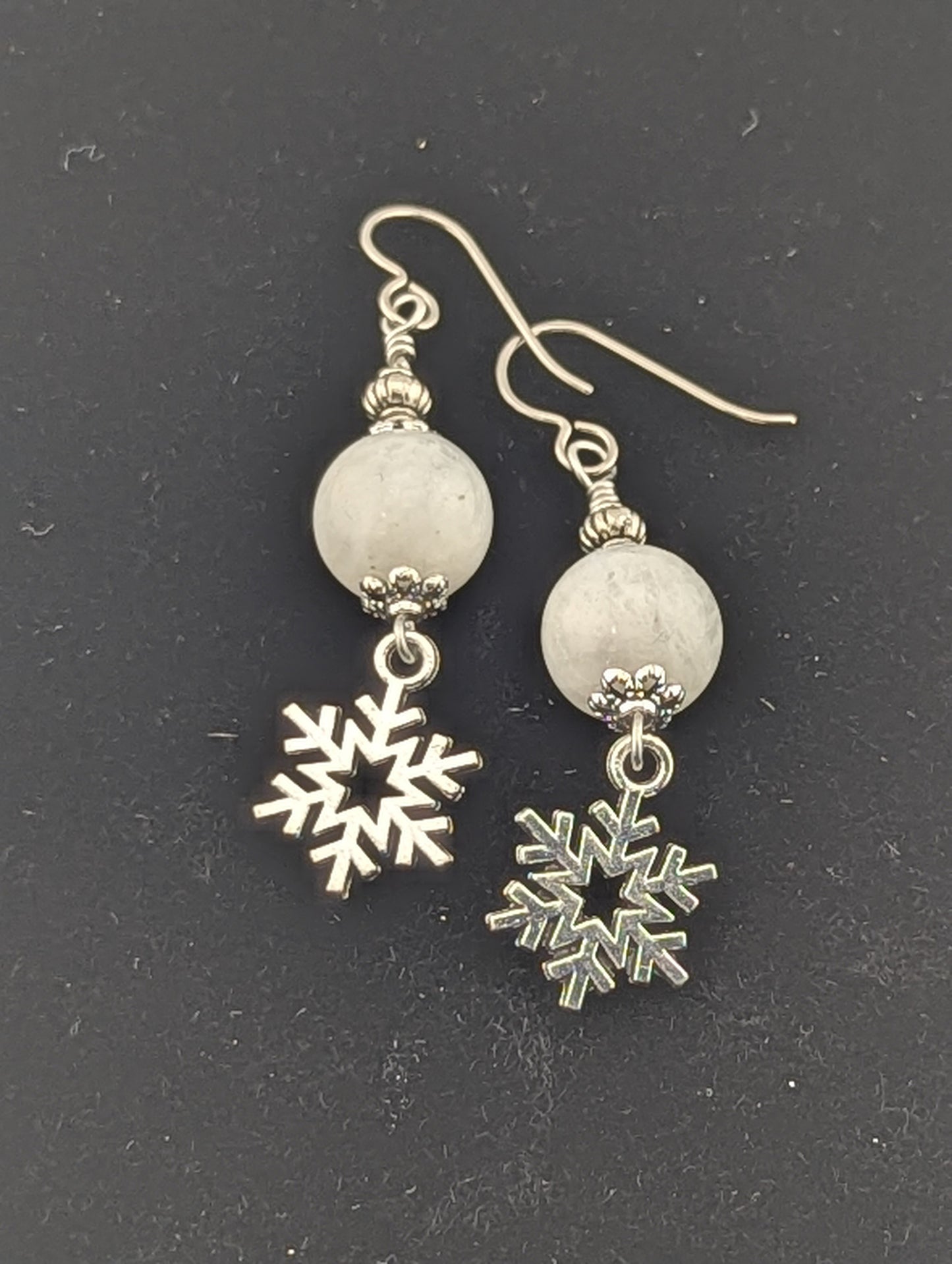 Moonstone earrings with a Snowflake charm in antiqued Silver finish