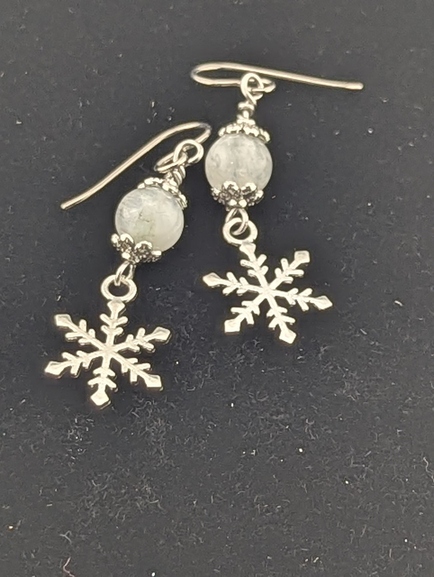 Moonstone earrings with a Snowflake charm in antiqued Silver finish