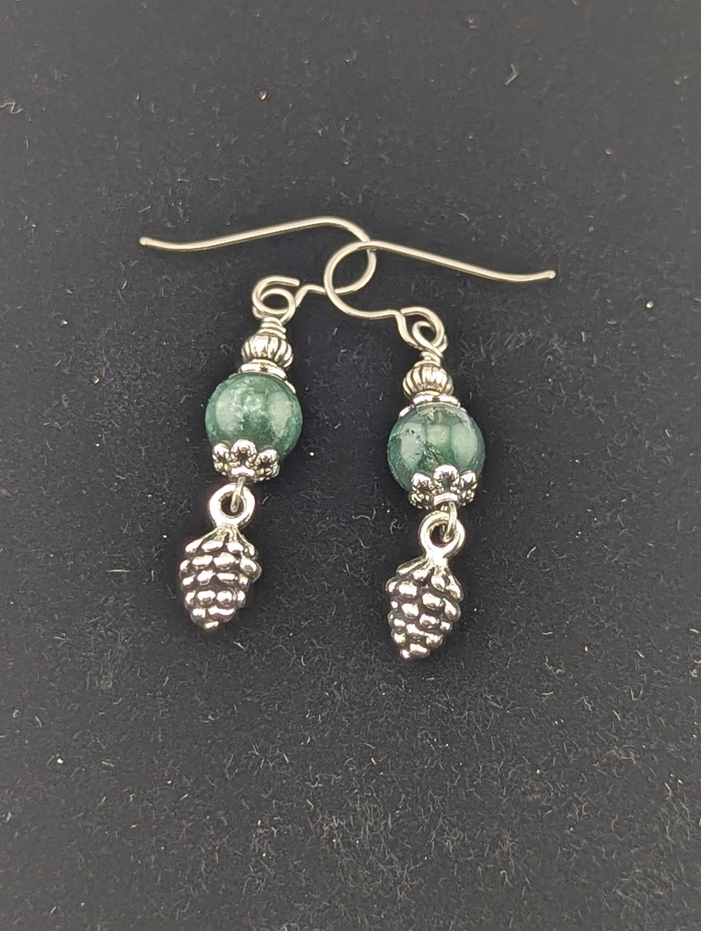 Green Moss Agate earrings with a Pine Cone charm in antiqued Silver finish