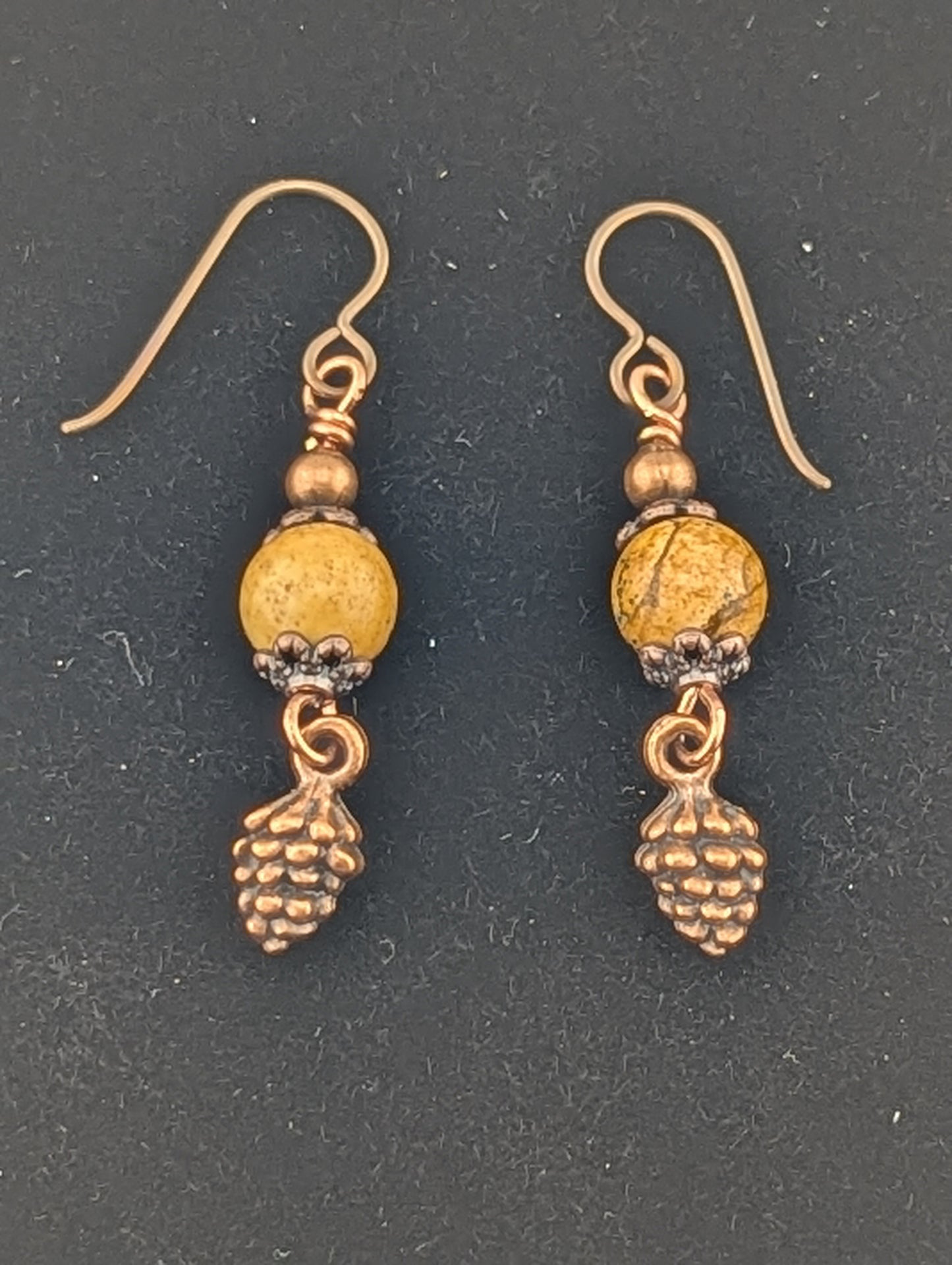 Picture Jasper earrings with a Pine Cone charm in antiqued Copper finish