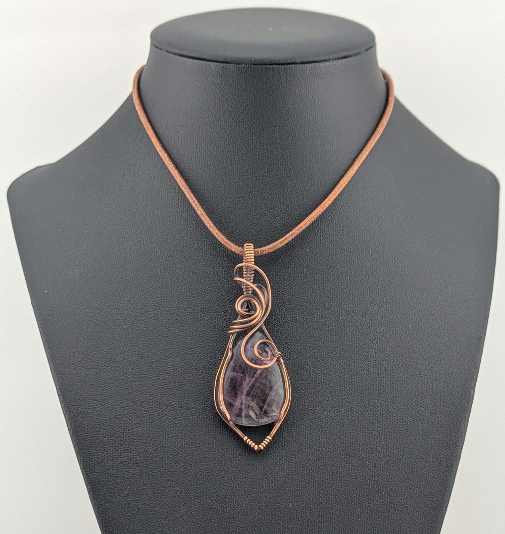 Fluorite, purple and green, gemstone pendant, set in antiqued copper