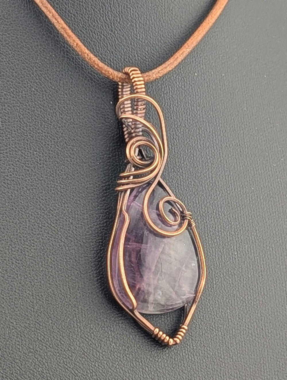 Fluorite, purple and green, gemstone pendant, set in antiqued copper
