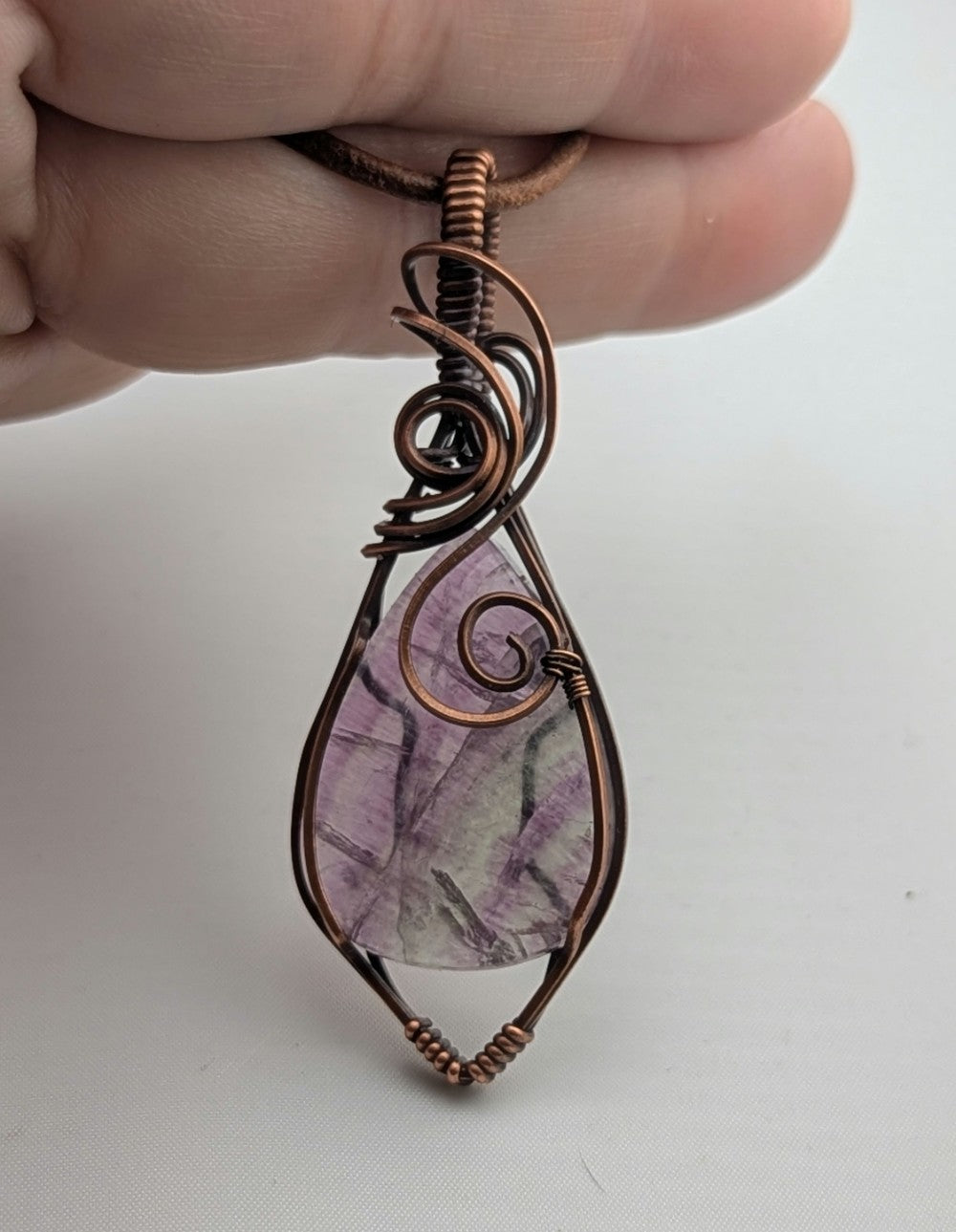 Fluorite, purple and green, gemstone pendant, set in antiqued copper