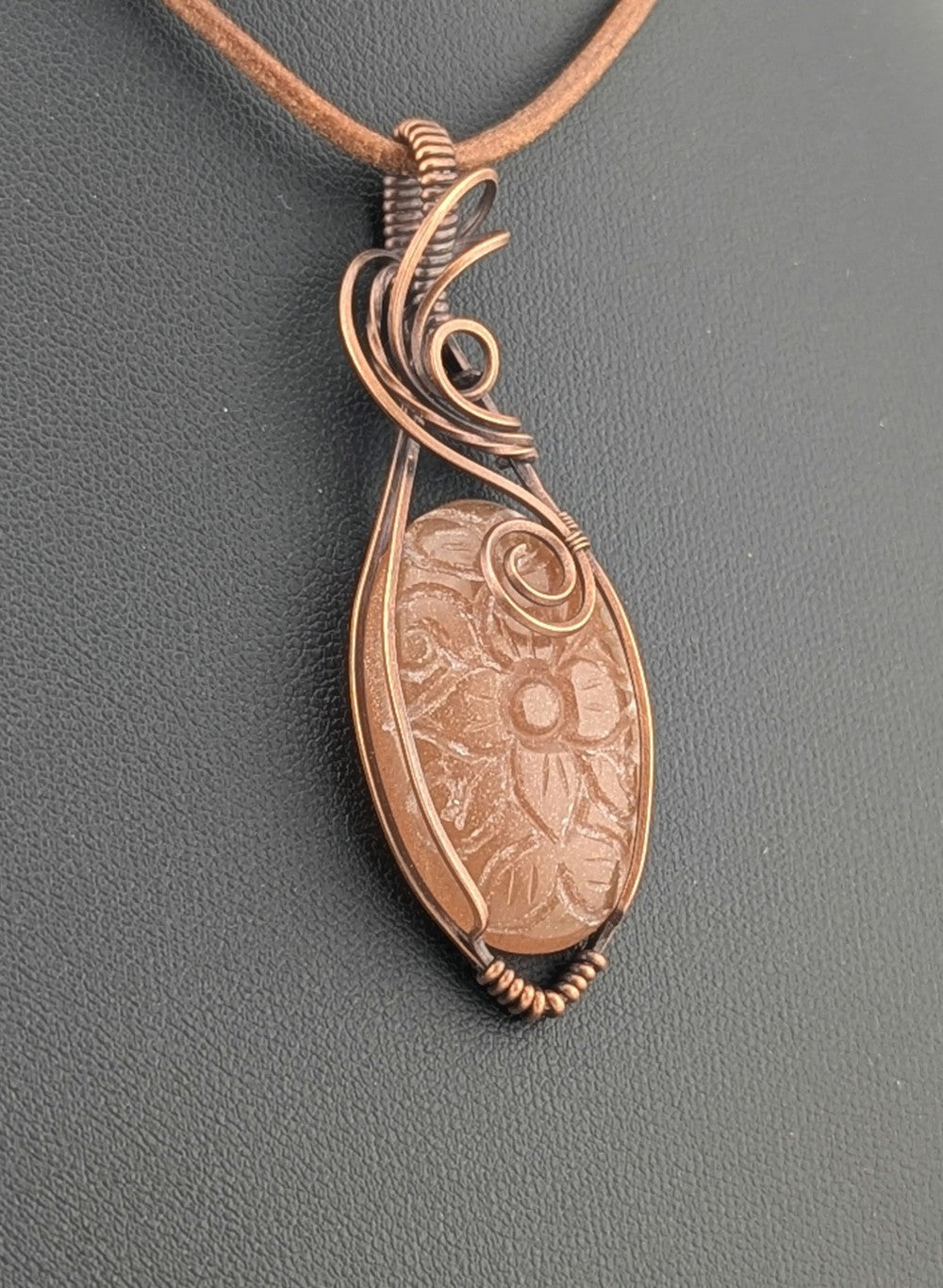 Peach Moonstone pendant, set in antiqued copper.