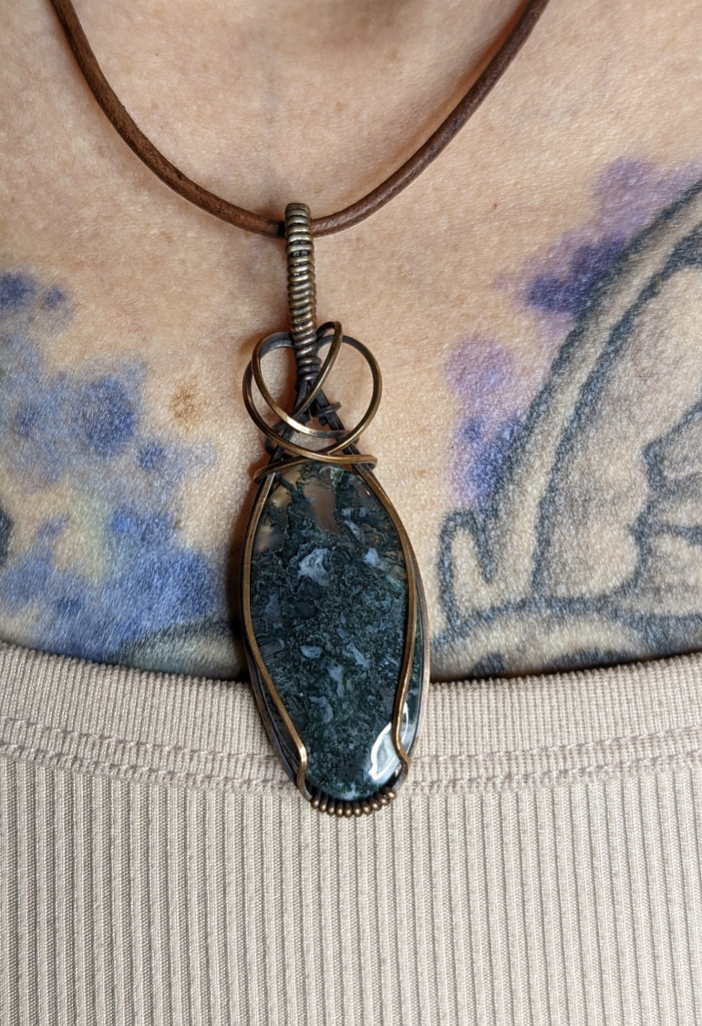 Moss Agate Pendant, set in antiqued copper.