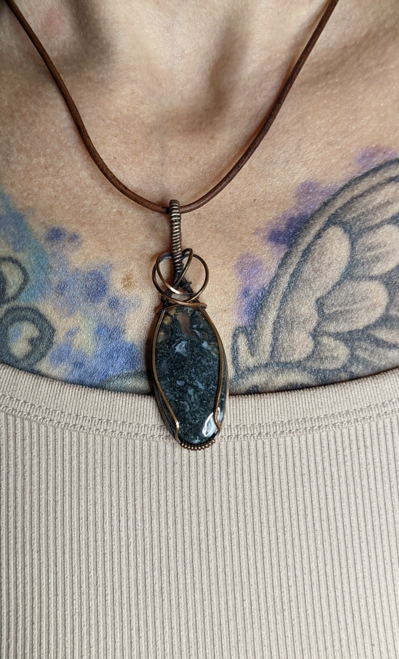 Moss Agate Pendant, set in antiqued copper.