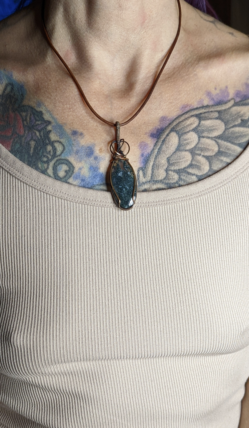 Moss Agate Pendant, set in antiqued copper.