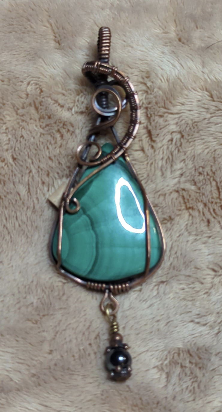 Malachite Gemstone Pendant, set in antiqued copper.