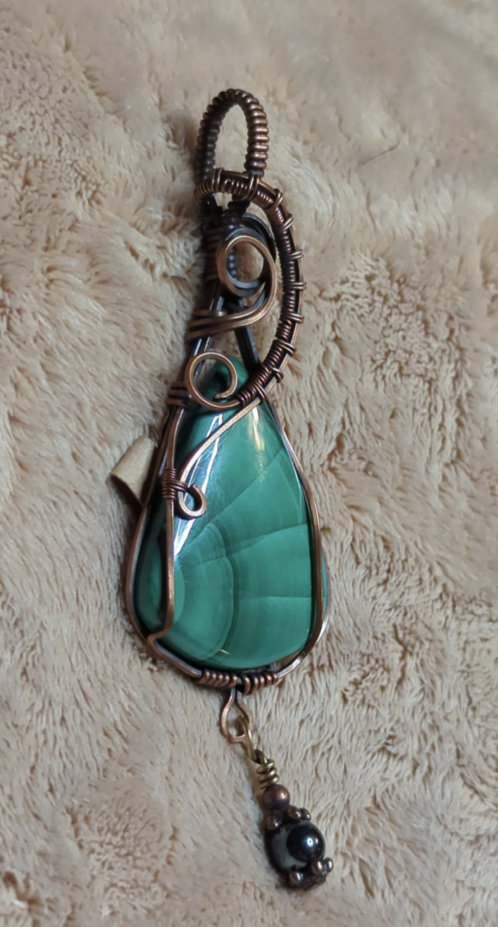 Malachite Gemstone Pendant, set in antiqued copper.