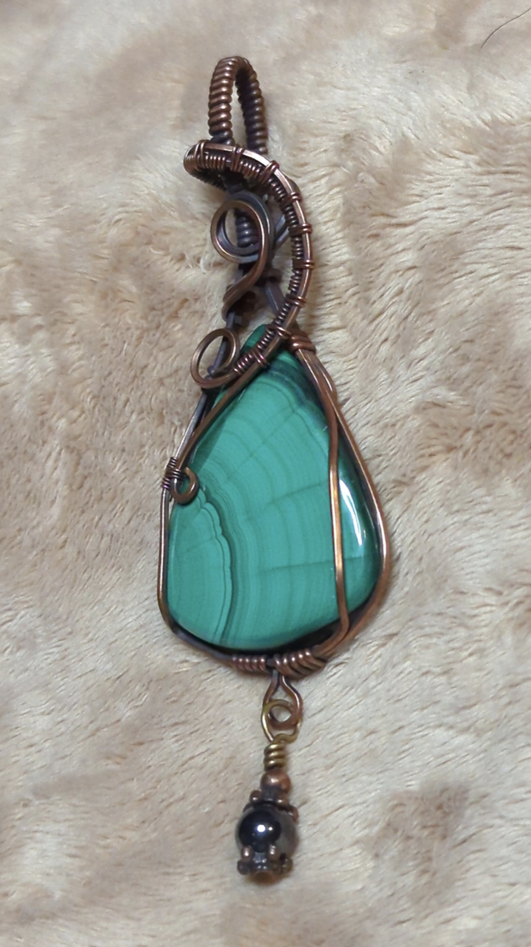 Malachite Gemstone Pendant, set in antiqued copper.