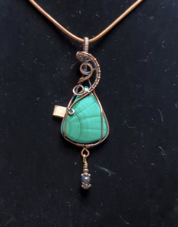 Malachite Gemstone Pendant, set in antiqued copper.