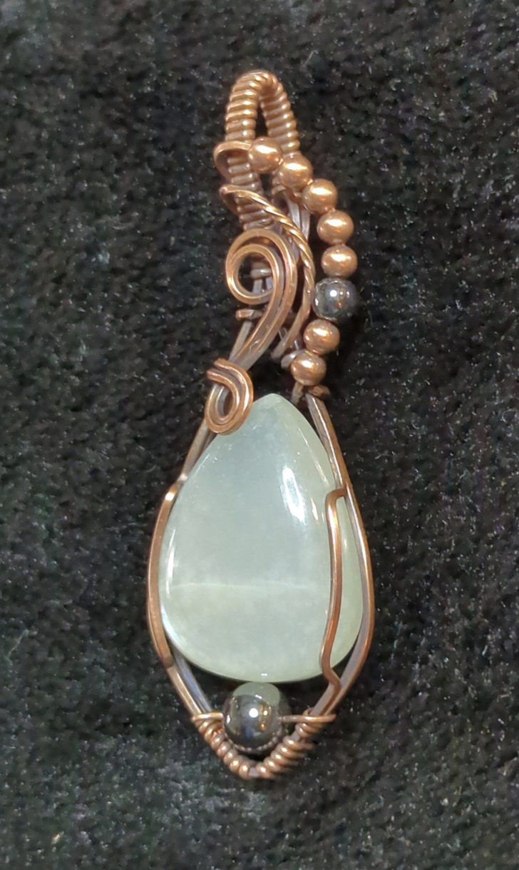 Moonstone gemstone pendant, with copper and hematite beads for accent, set in antiqued copper.
