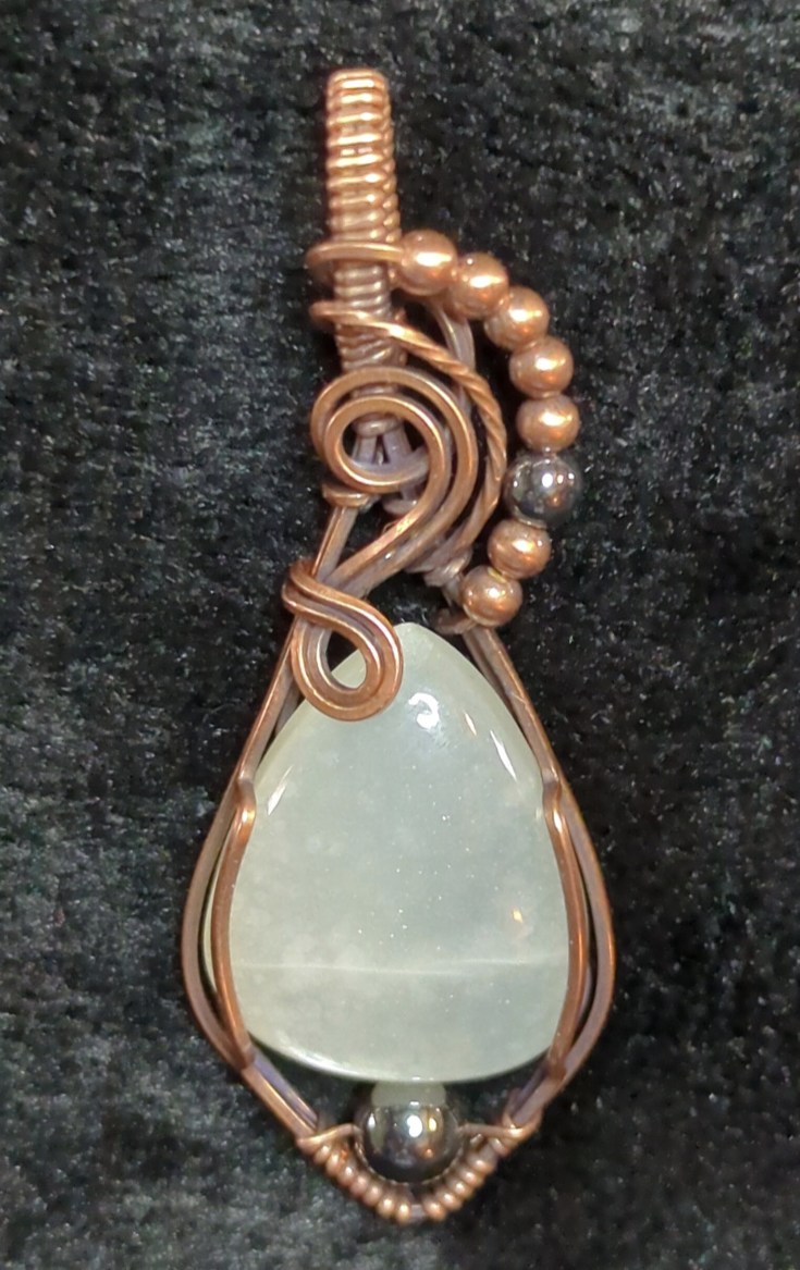 Moonstone gemstone pendant, with copper and hematite beads for accent, set in antiqued copper.