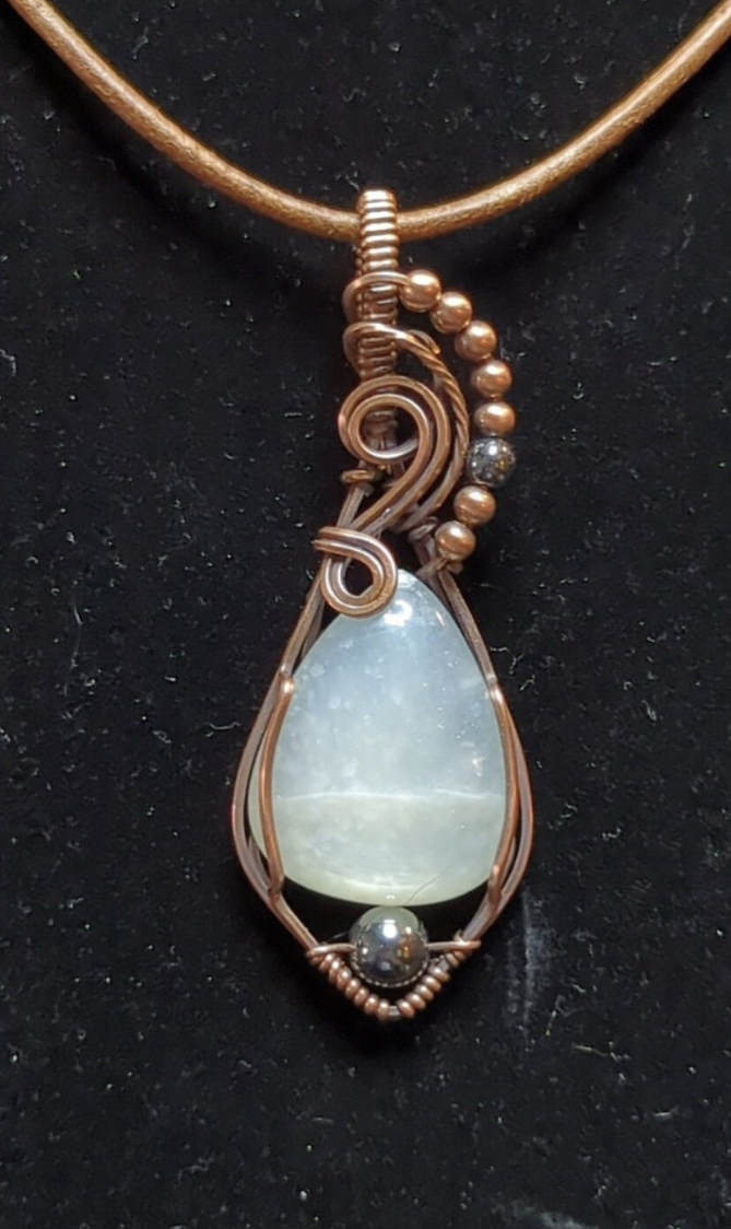 Moonstone gemstone pendant, with copper and hematite beads for accent, set in antiqued copper.