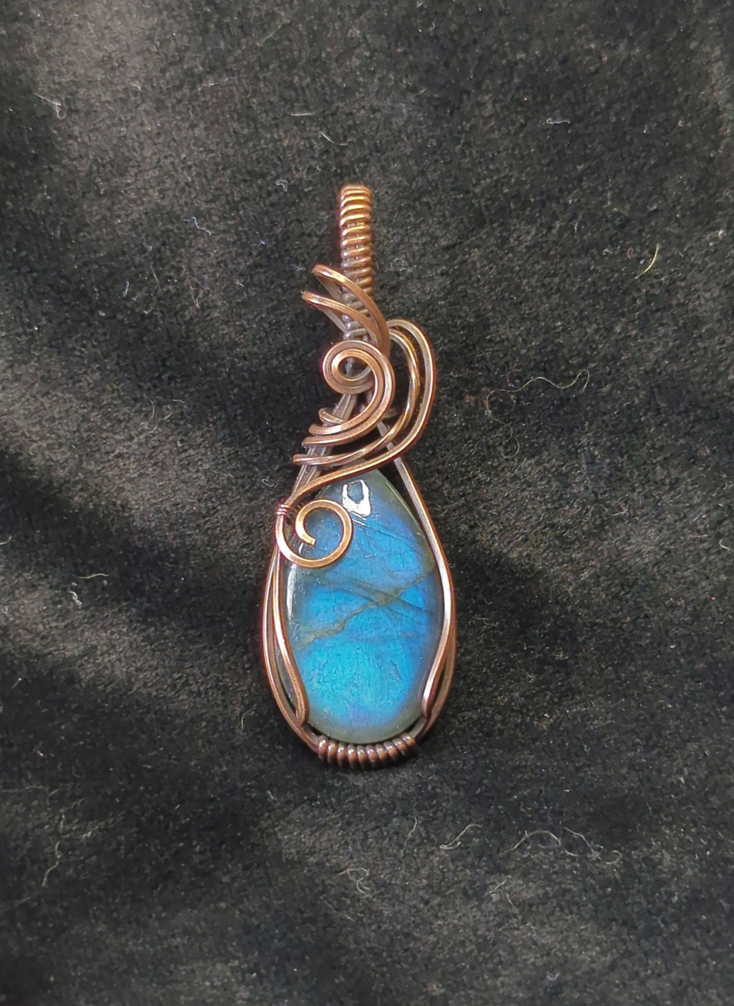 Labradorite gemstone pendant, with blue flash, set in antiqued copper.