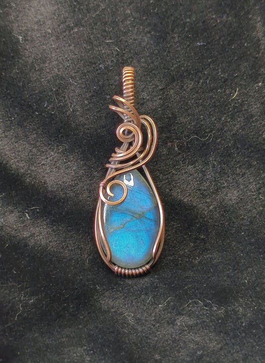 Labradorite gemstone pendant, with blue flash, set in antiqued copper.