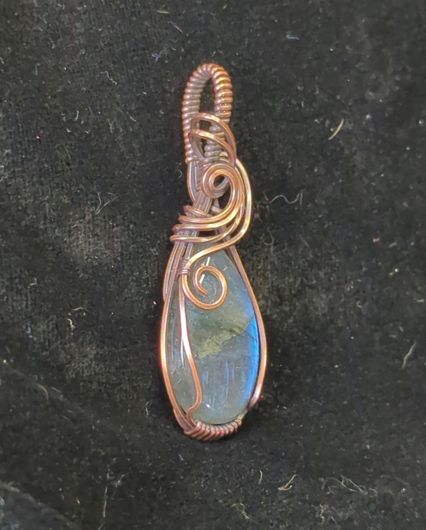 Labradorite gemstone pendant, with blue flash, set in antiqued copper.