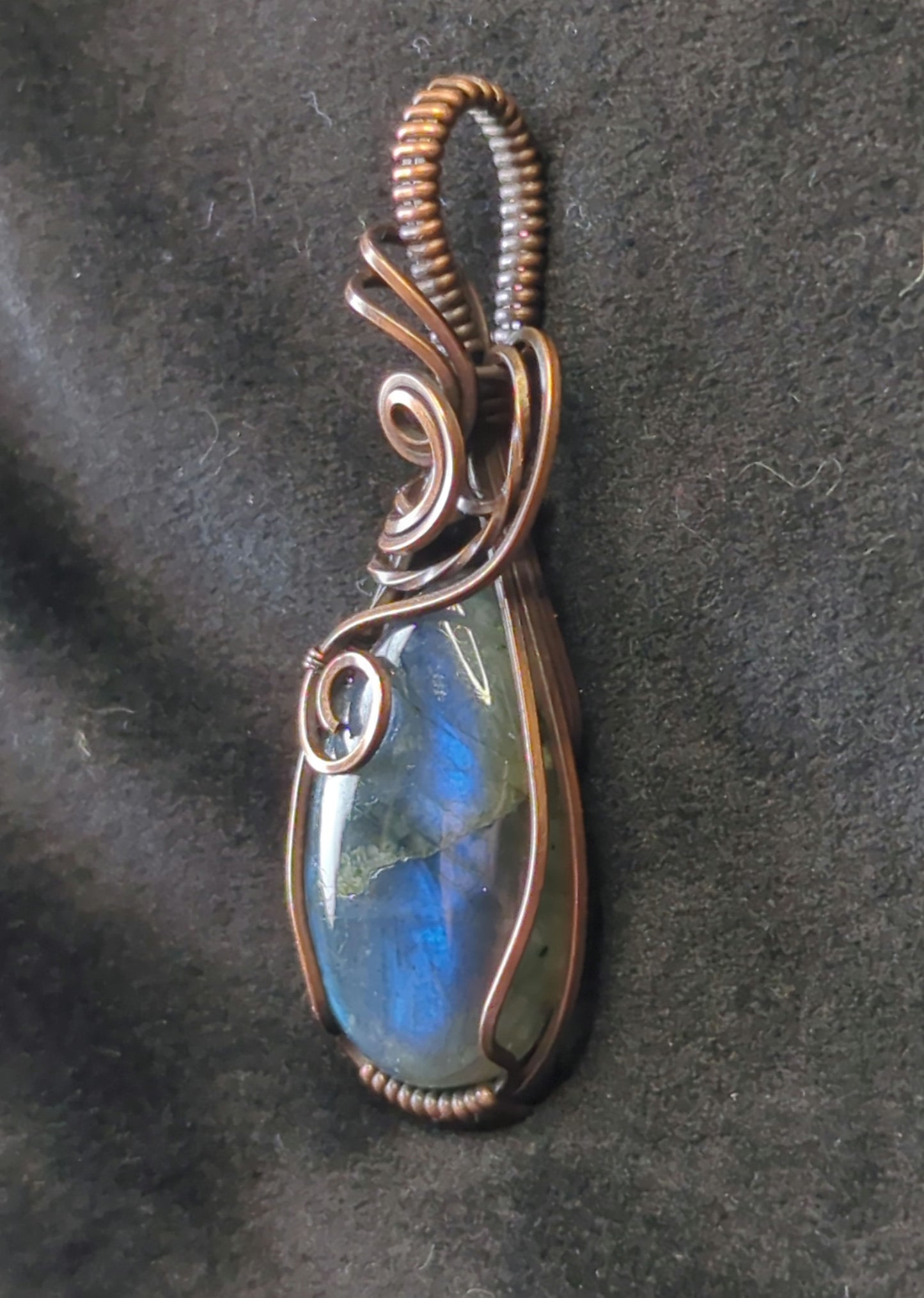 Labradorite gemstone pendant, with blue flash, set in antiqued copper.