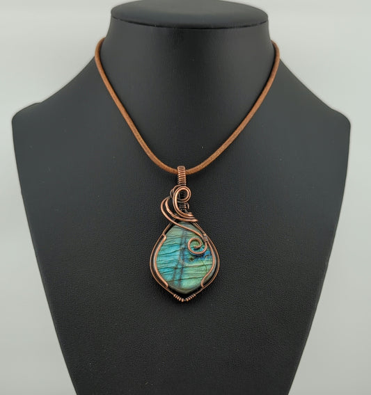 Labradorite Pendant, with green and blue flash, set in antiqued copper.