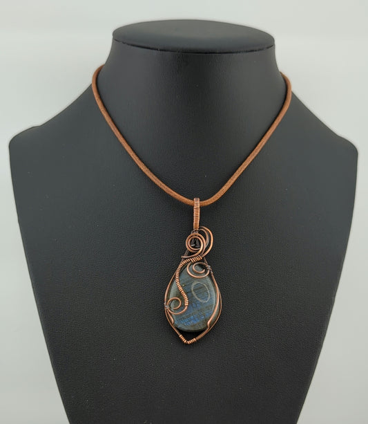 Labradorite Pendant, with blue flash, set in antiqued copper.