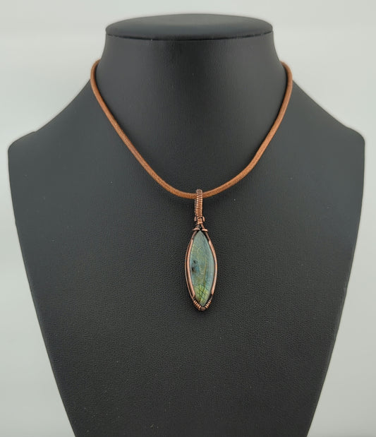 Labradorite Pendant, with green and blue flash, set in antiqued copper.