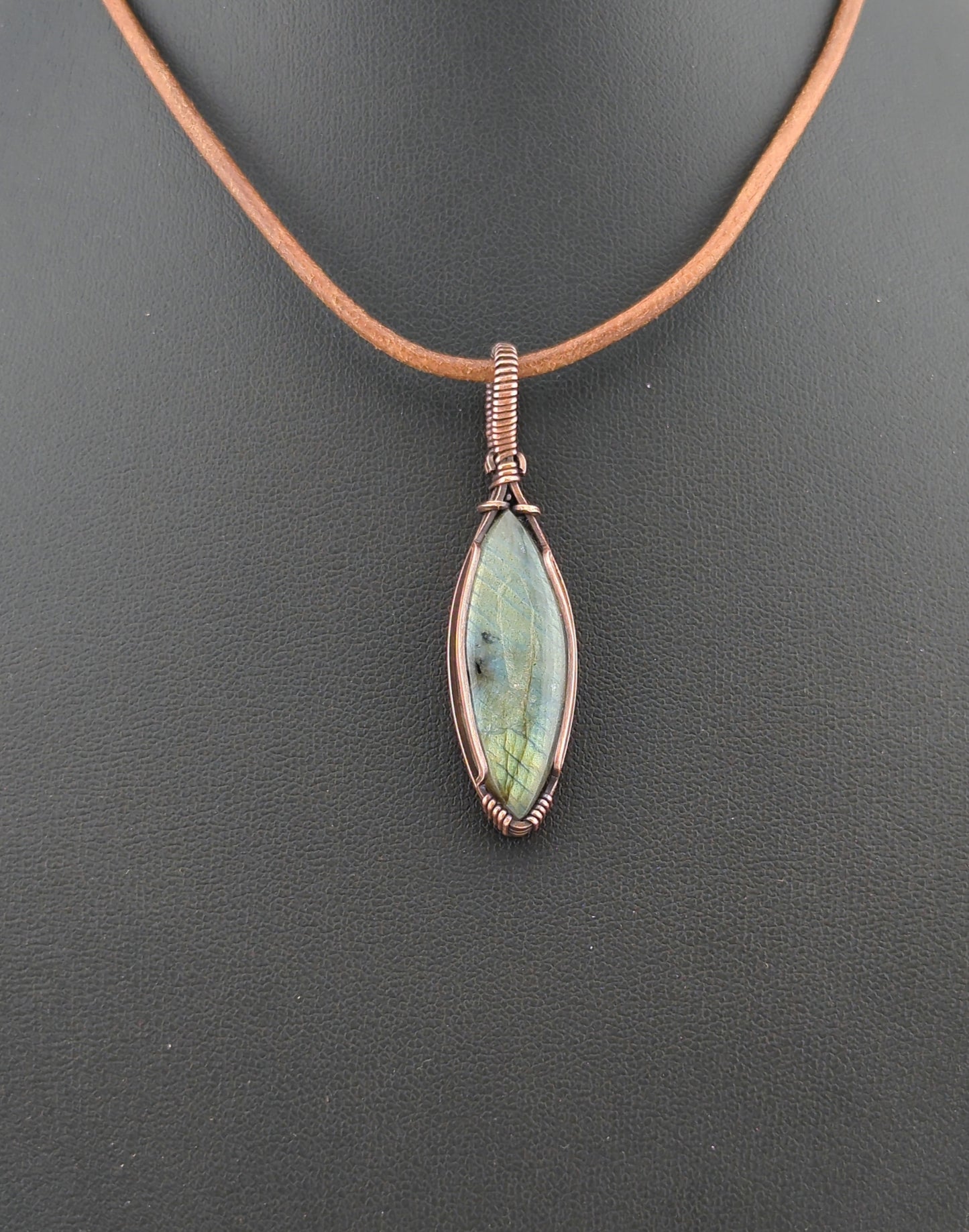 Labradorite Pendant, with green and blue flash, set in antiqued copper.