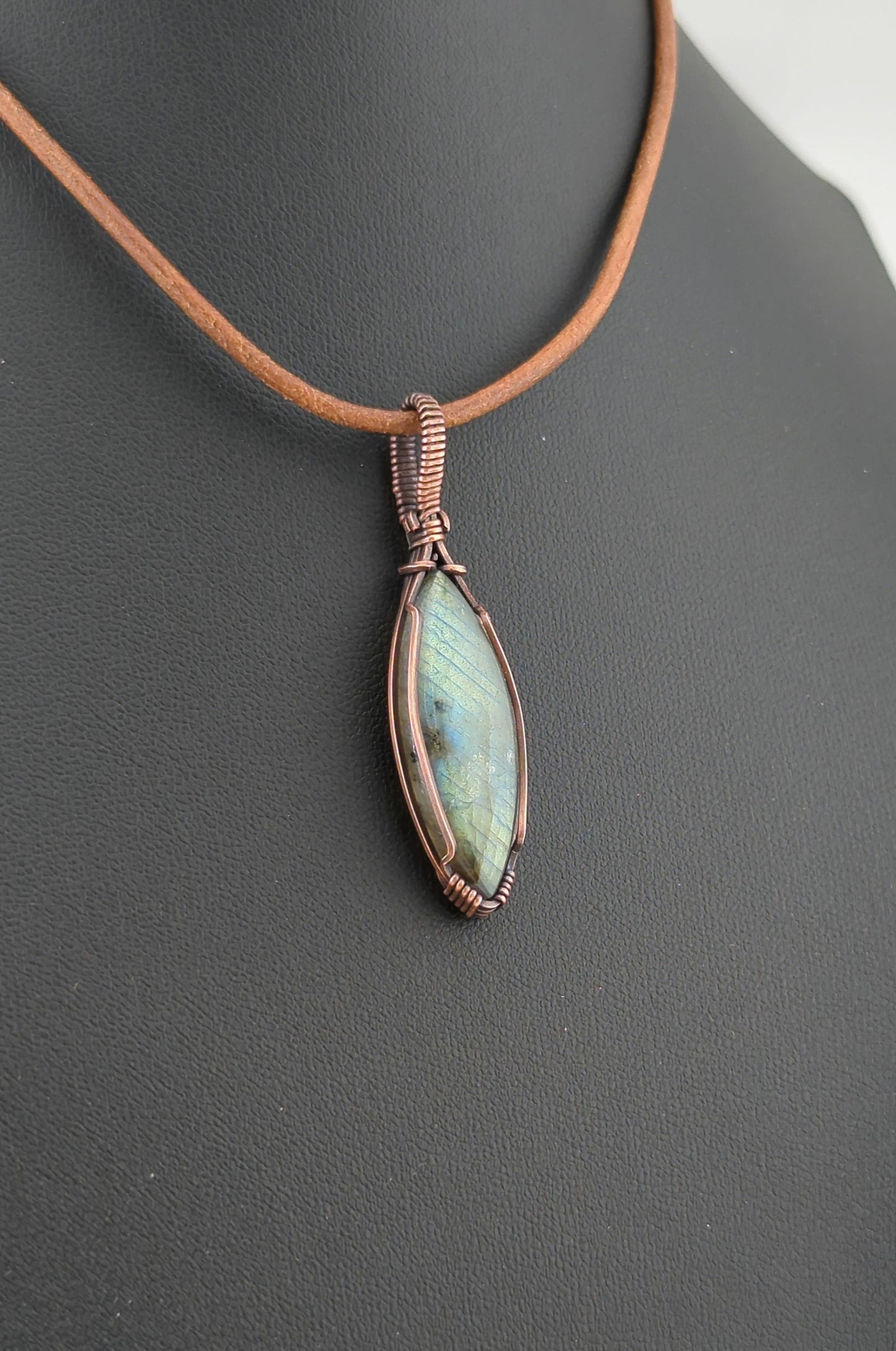 Labradorite Pendant, with green and blue flash, set in antiqued copper.