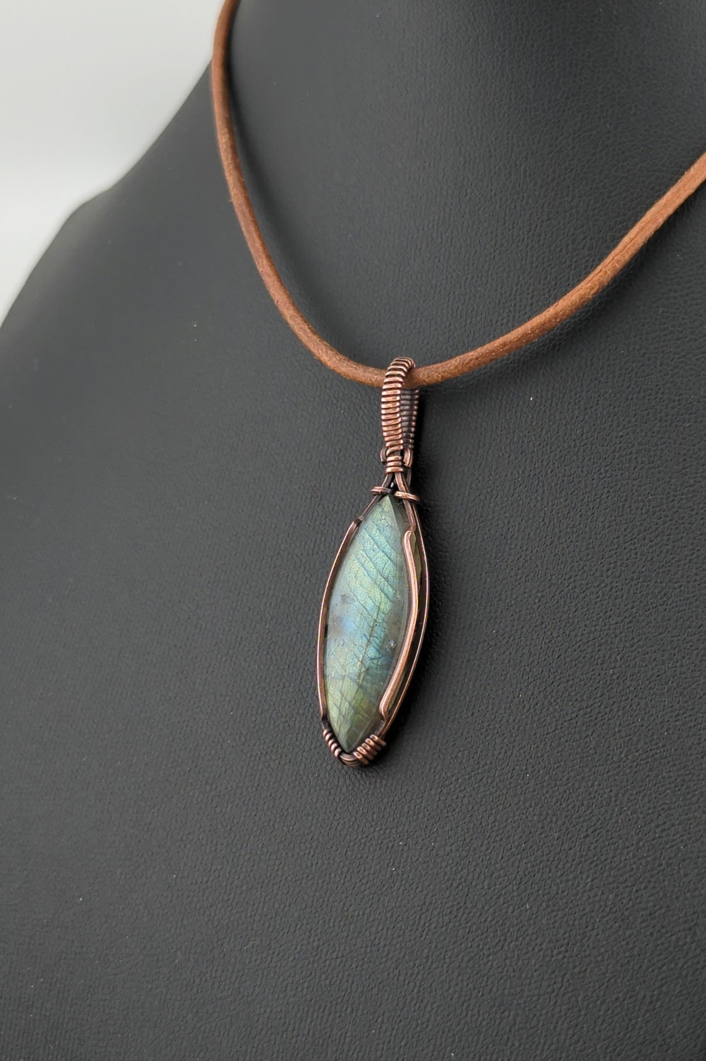 Labradorite Pendant, with green and blue flash, set in antiqued copper.