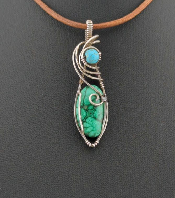 Malachite Gemstone Pendant, set in Sterling Silver, accented with Turquoise.