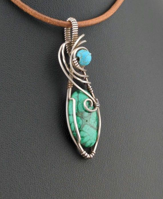 Malachite Gemstone Pendant, set in Sterling Silver, accented with Turquoise.