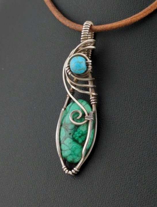 Malachite Gemstone Pendant, set in Sterling Silver, accented with Turquoise.