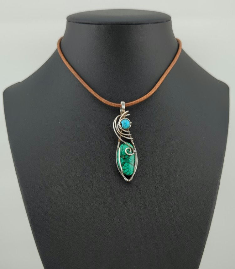 Malachite Gemstone Pendant, set in Sterling Silver, accented with Turquoise.