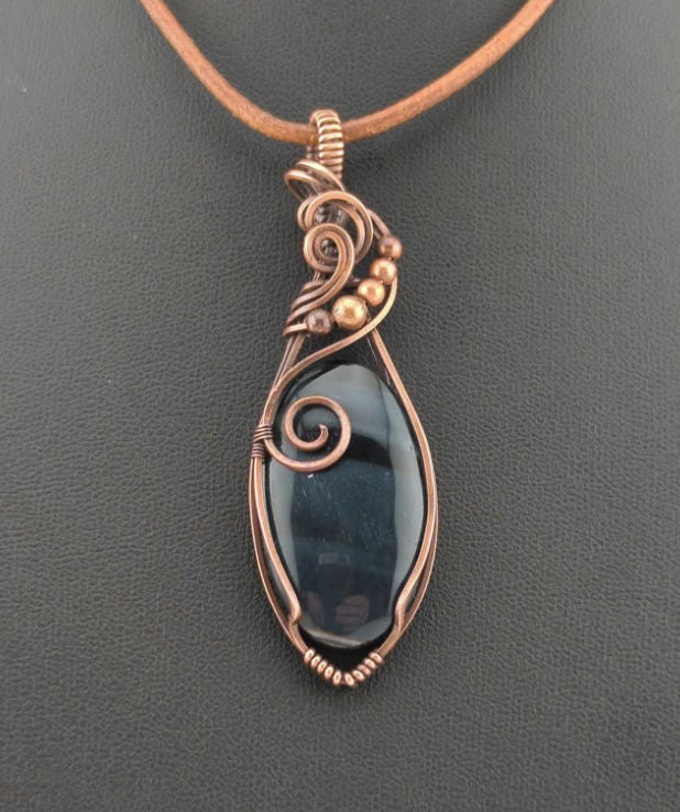 Blue Tiger Eye Pendant, Set in antiqued copper.