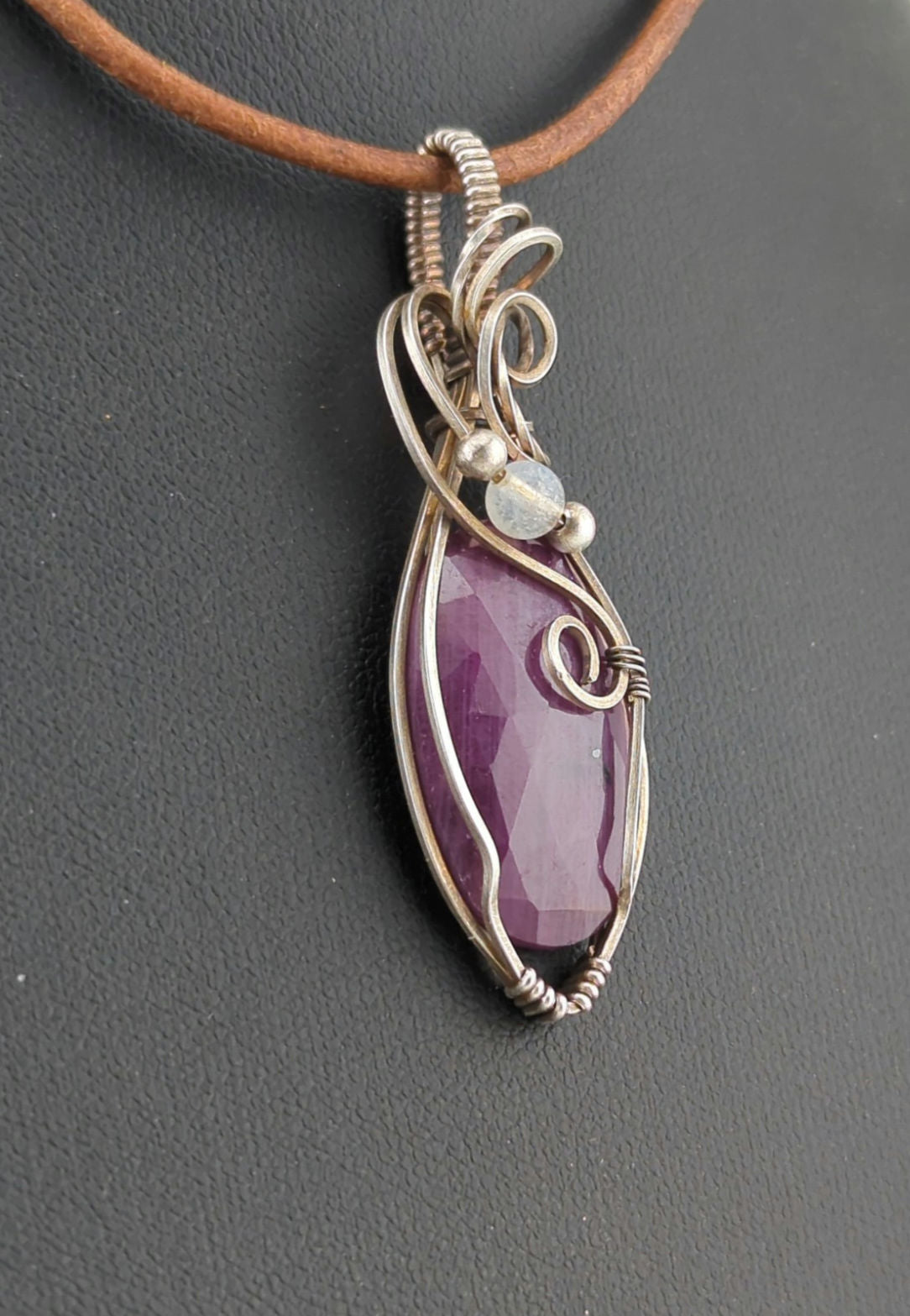 Ruby gemstone pendant, set in sterling silver, accented with Moonstone