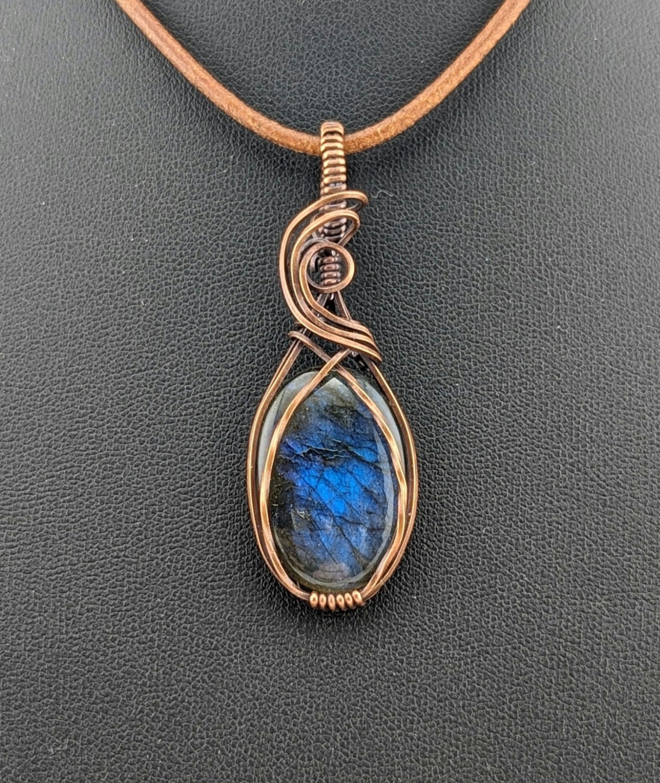 Labradorite gemstone pendant, with Blue flash, set in antiqued copper