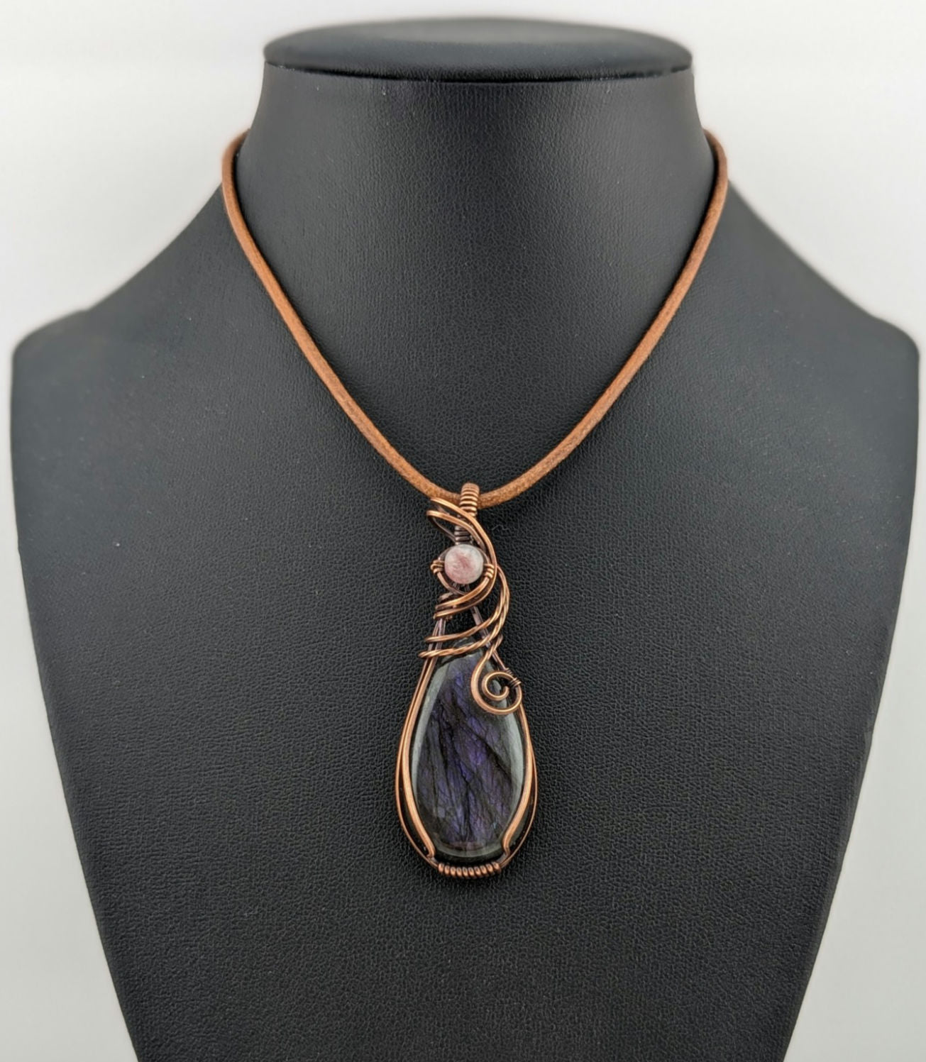 Labradorite gemstone pendant, with Purple flash, set in antiqued copper, accented with pink Tourmaline