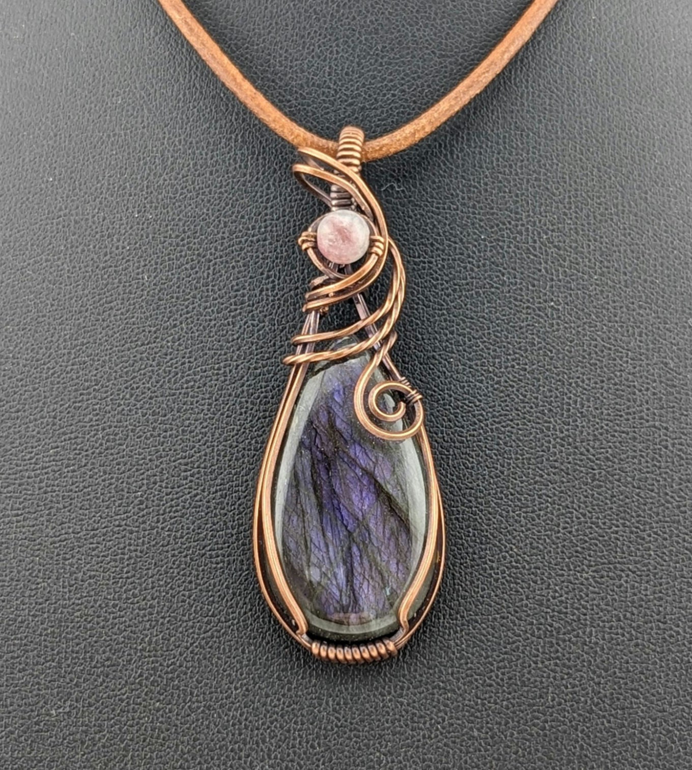 Labradorite gemstone pendant, with Purple flash, set in antiqued copper, accented with pink Tourmaline