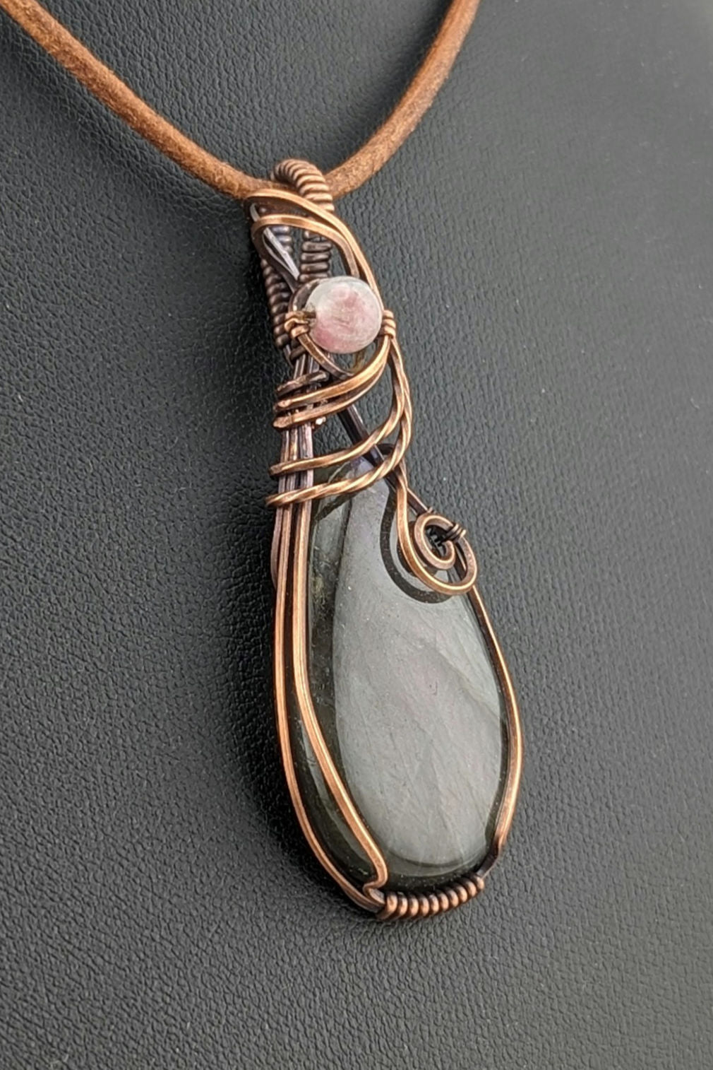 Labradorite gemstone pendant, with Purple flash, set in antiqued copper, accented with pink Tourmaline