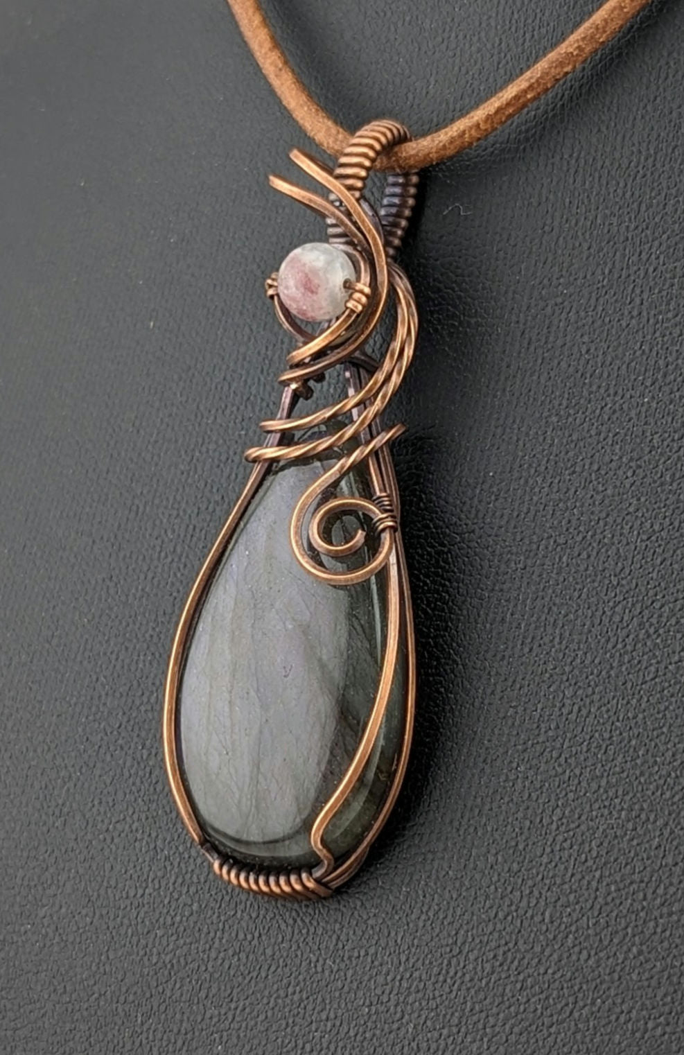 Labradorite gemstone pendant, with Purple flash, set in antiqued copper, accented with pink Tourmaline