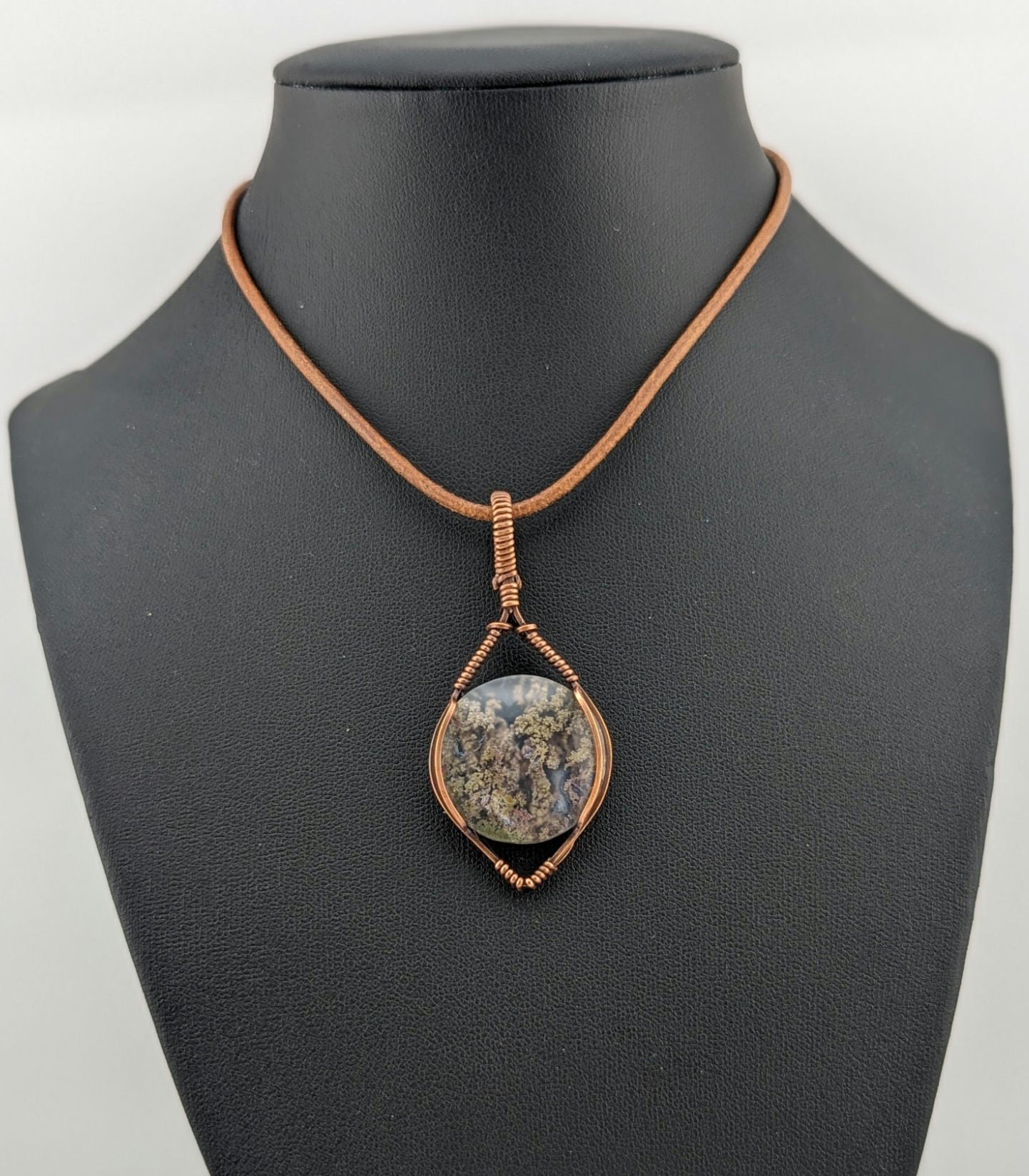 Indonesian moss agate Pendant, set in antiqued copper.