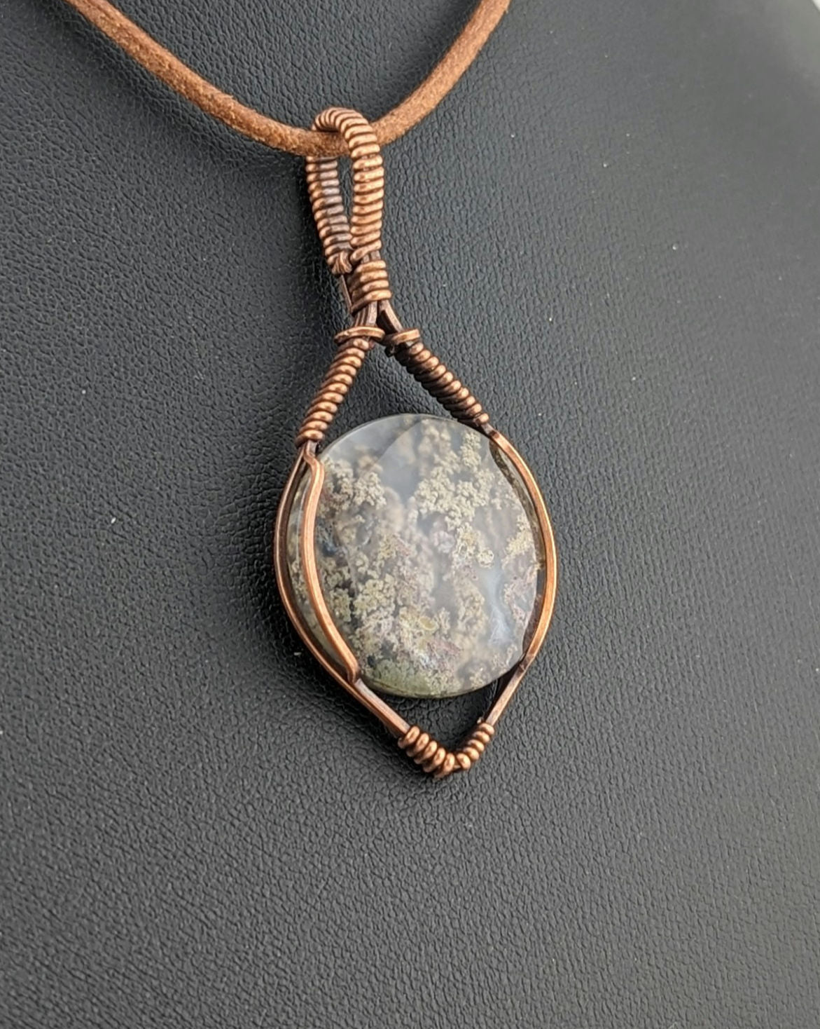 Indonesian moss agate Pendant, set in antiqued copper.