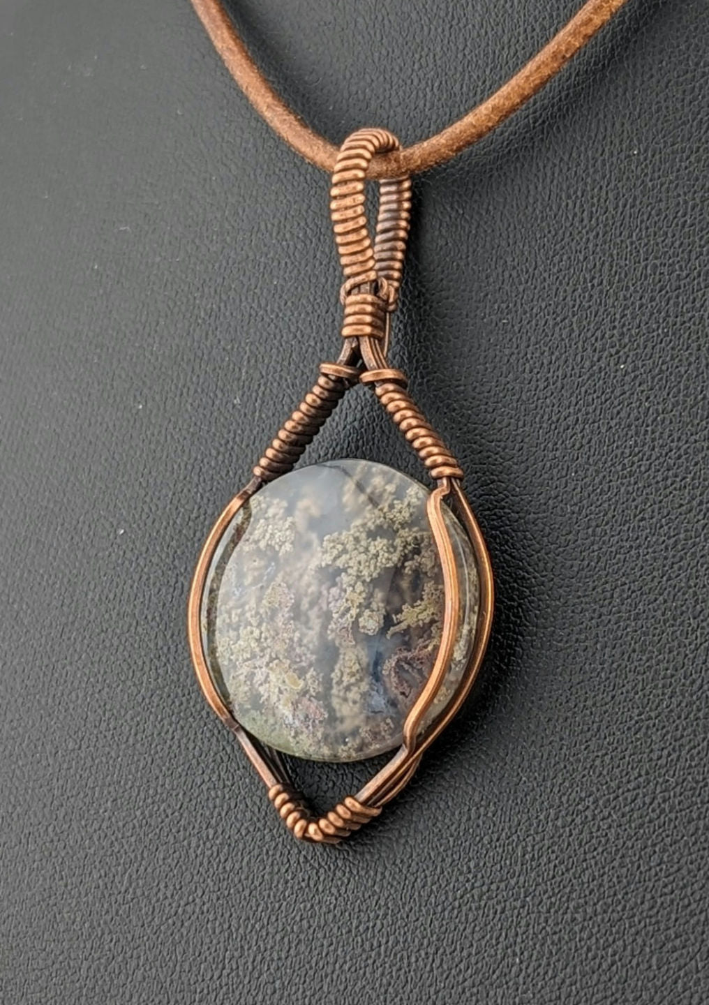 Indonesian moss agate Pendant, set in antiqued copper.