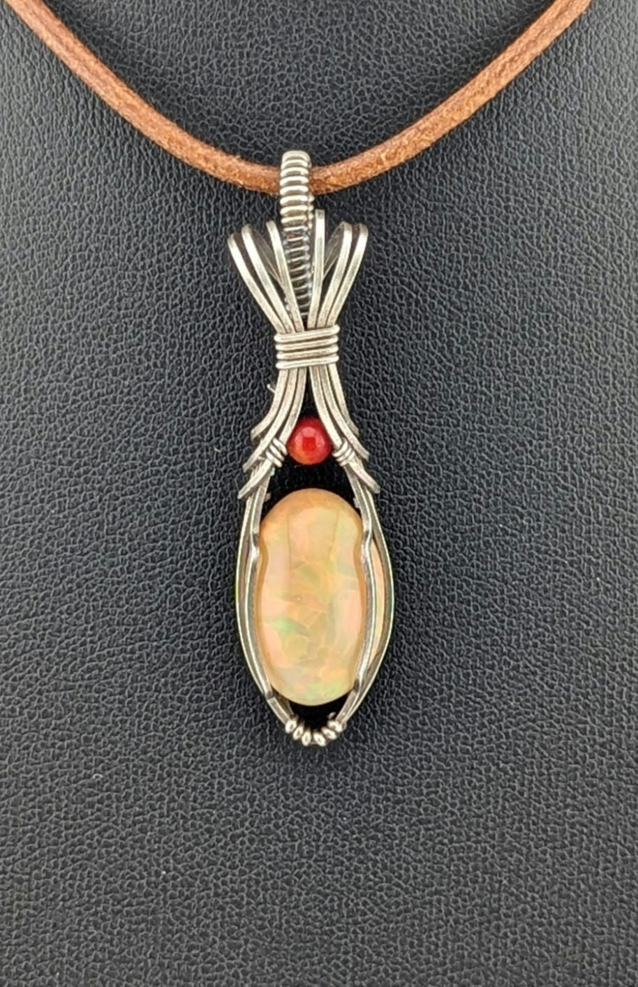 Ethiopian Opal Gemstone Pendant, accented with Carnelian and set in Sterling Silver