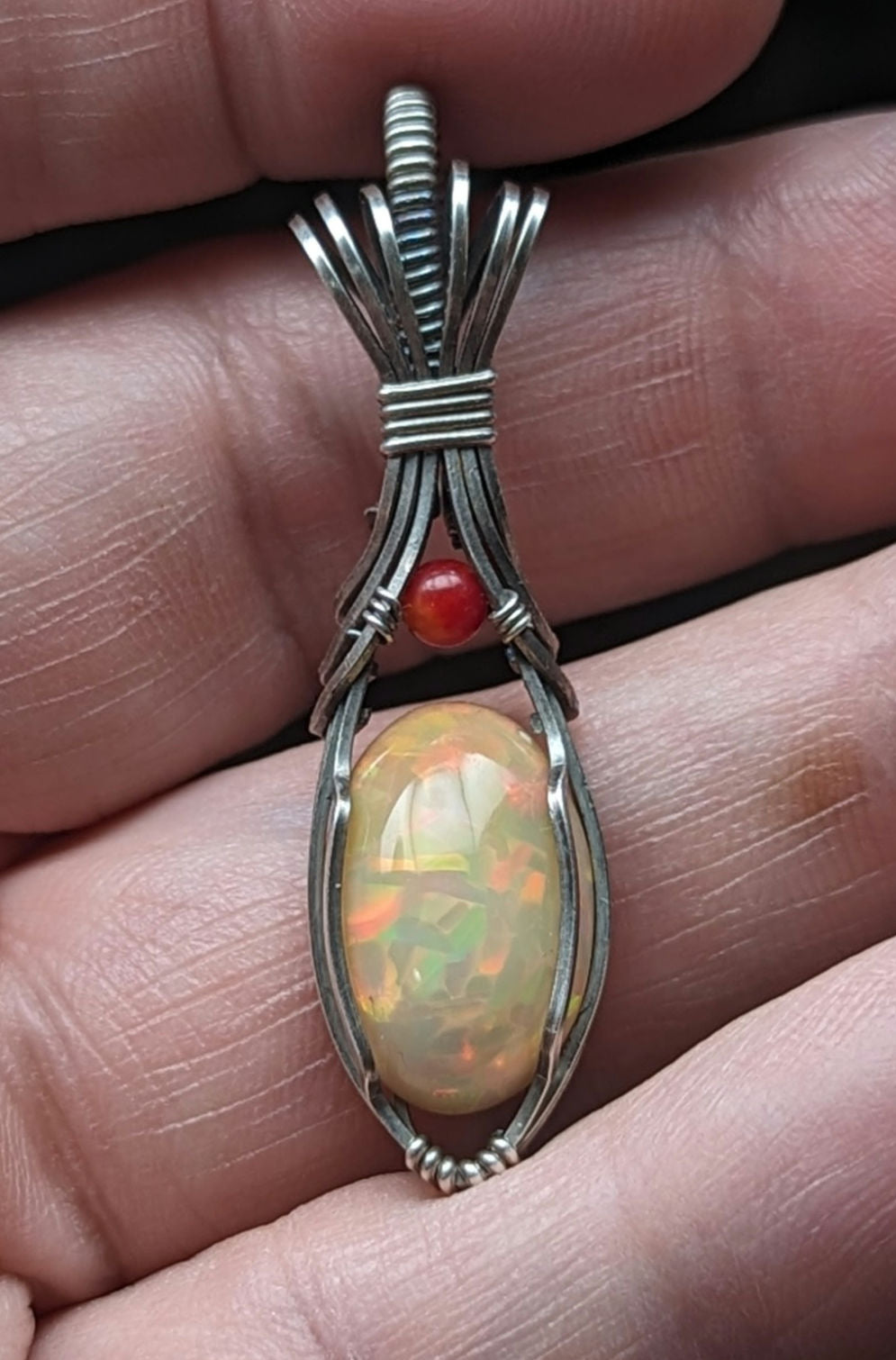 Ethiopian Opal Gemstone Pendant, accented with Carnelian and set in Sterling Silver