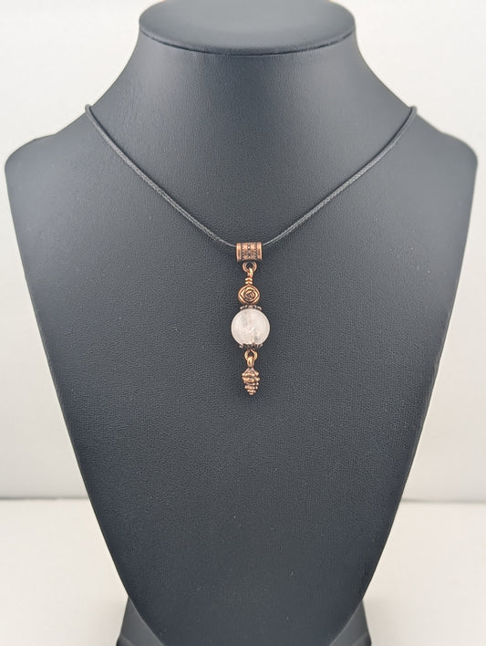 Rose Quartz pendant with Pine Cone, in antiqued copper finish