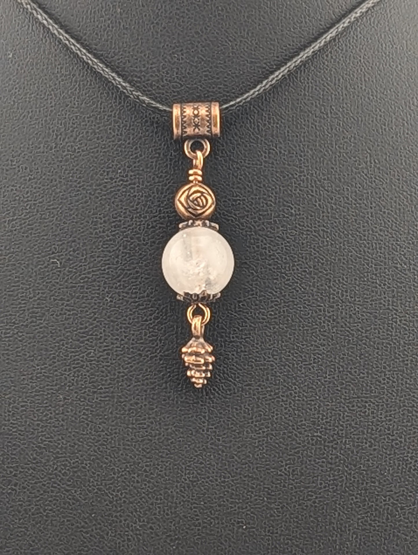 Rose Quartz pendant with Pine Cone, in antiqued copper finish