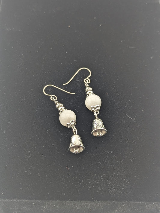 Moonstone earrings with a Silver Bell charm in antiqued Silver finish