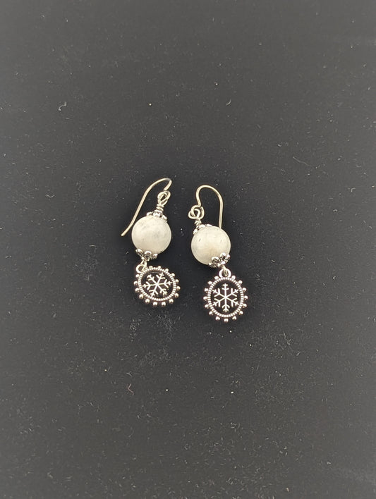 Moonstone earrings with a Snowflake charm in antiqued Silver finish